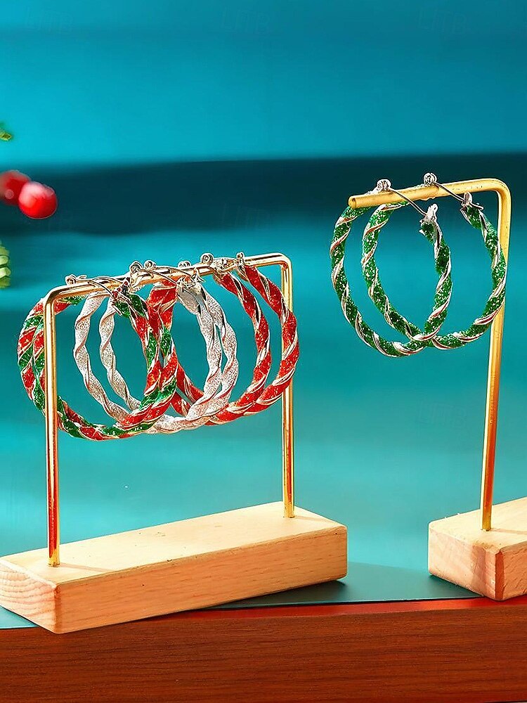 2026年 レディースクリスマスフープイヤリング、赤と緑のツイストデザイン、合金素材、ホリデーパーティーやギフトに最適  コレクション – $7.99 –P10