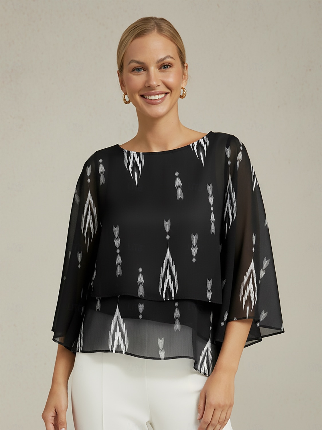 Blusa feminina preta floral manga 3/4 solta gola redonda casual elegante férias primavera verão outono de 2026 por $15.99 –P1