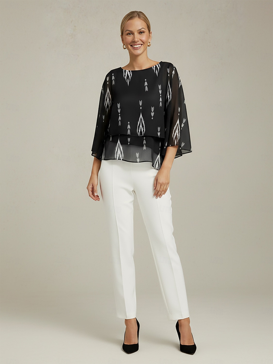 Blusa feminina preta floral manga 3/4 solta gola redonda casual elegante férias primavera verão outono de 2026 por $15.99 –P2