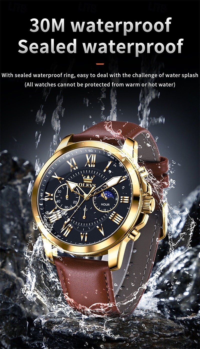 The New Olevs Brand Men'S Business Watch With Luminous Small Three Hands Moon Phase Display Multi-Functional Chronograph Three-Eye Casual Waterproof And Fashionable Quartz Watch Men'S Sports Wrist 2025 - $28.99 –P9