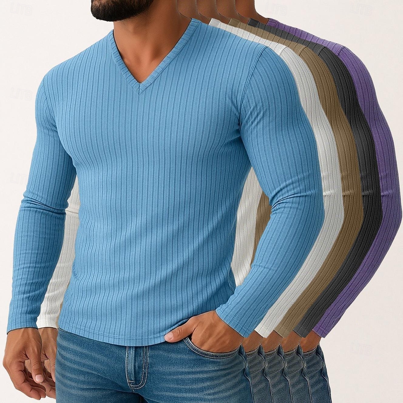 Miesten T-paita Ribbineulos T-paita Pitkähihainen paita Pitkähihainen V kaula-aukko Kevät Syksy Talvi Tavallinen Pystysuuntaiset nauhat Pit Strip Muoti Suunnittelija Perus 5-osainen Monipakkaus Loma 2025 - $75.99 –P6