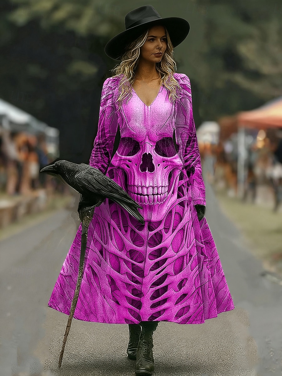 Sukienka midi z nadrukiem czaszek sukienka w kształcie litery A wakacje casual codzienna standardowa grafika czaszki długi rękaw dekolt w serek niebieski pomarańczowy szary jesień zima 2026 - $36.99 –P5