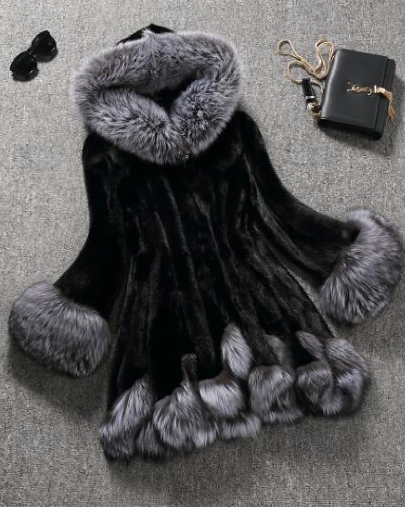 Dame Fuskepels Hold Varm Bekvem Lapper Lomme Knapper Pelskrage Mote Fargeblokk utendørs Feriereise Ferie Ut på byen Lang Med hette Normal Langermet Yttertøy Svart Hvit Høst Vinter 2026 - BHD 23.46 –P9