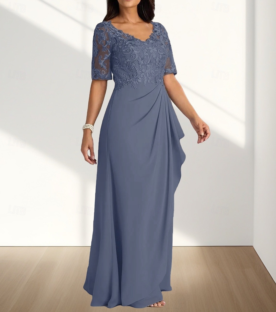 А-силуэт В пол Свадебное платье для гостей Вечернее платье Платье для матери невесты Рукав до локтя V-образный вырез Элегантный стиль Свадебный гость Помолвка Шифон с Плиссировка Аппликации 2026 - $188.99 –P6