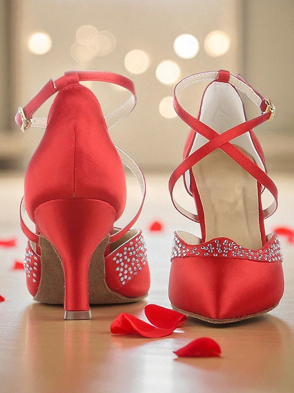 Women's Red Satin Ballroom Dance Shoes - Closed Toe Cross Strap High Heel Pumps with Rhinestone Detail for Gatsby Party & Professional Dance Party 2026 - $64.99 –P2