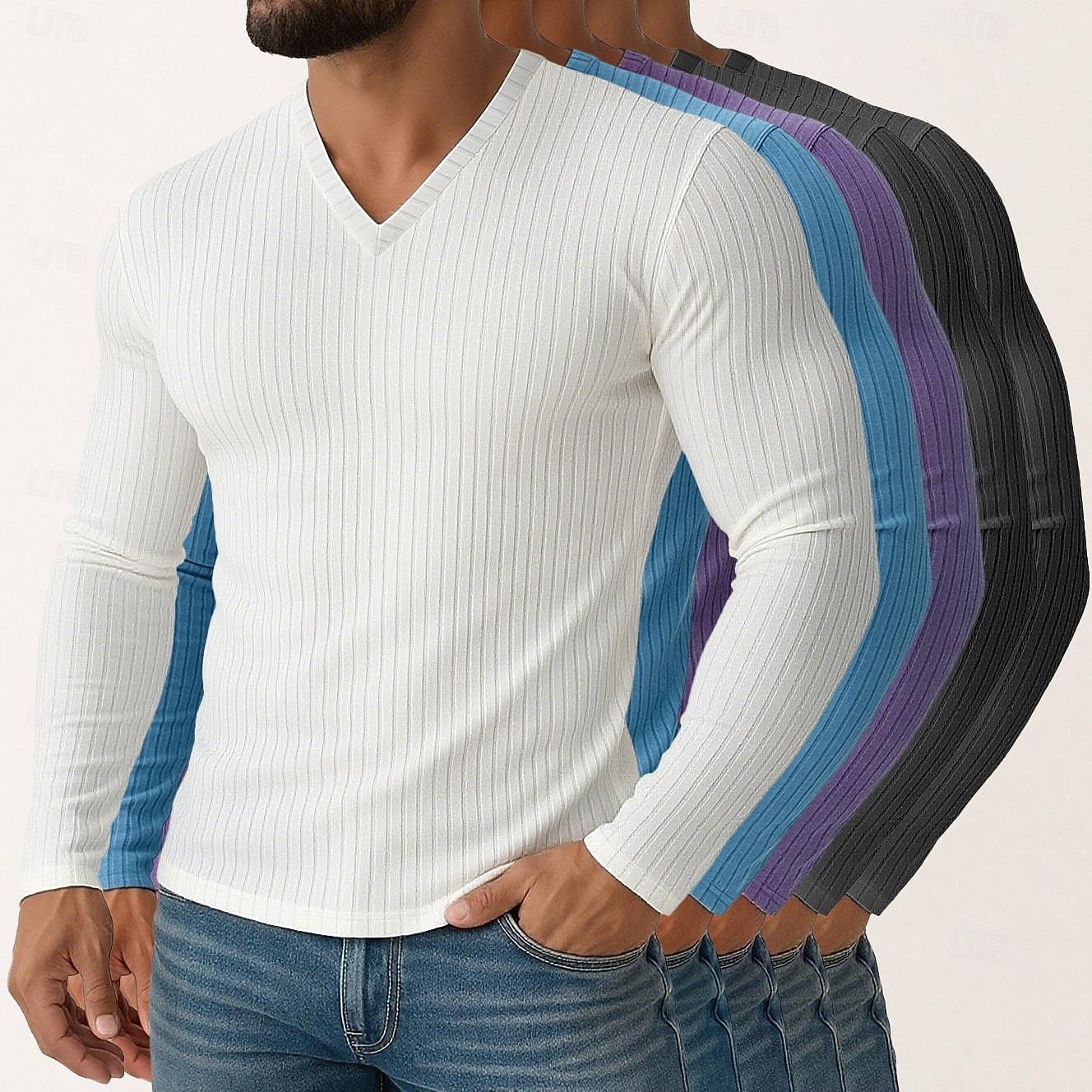 Miesten T-paita Ribbineulos T-paita Pitkähihainen paita Pitkähihainen V kaula-aukko Kevät Syksy Talvi Tavallinen Pystysuuntaiset nauhat Pit Strip Muoti Suunnittelija Perus 5-osainen Monipakkaus Loma 2025 - $75.99 –P2