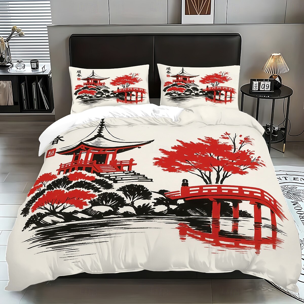 Conjunto de capa de edredom de 3 peças com pintura a tinta estilo chinês para cama queen size, capa de edredom macia com 2 fronhas – hotel &roupa de cama para quarto de hóspedes, aconchegante de 2026 por $37.99 –P5