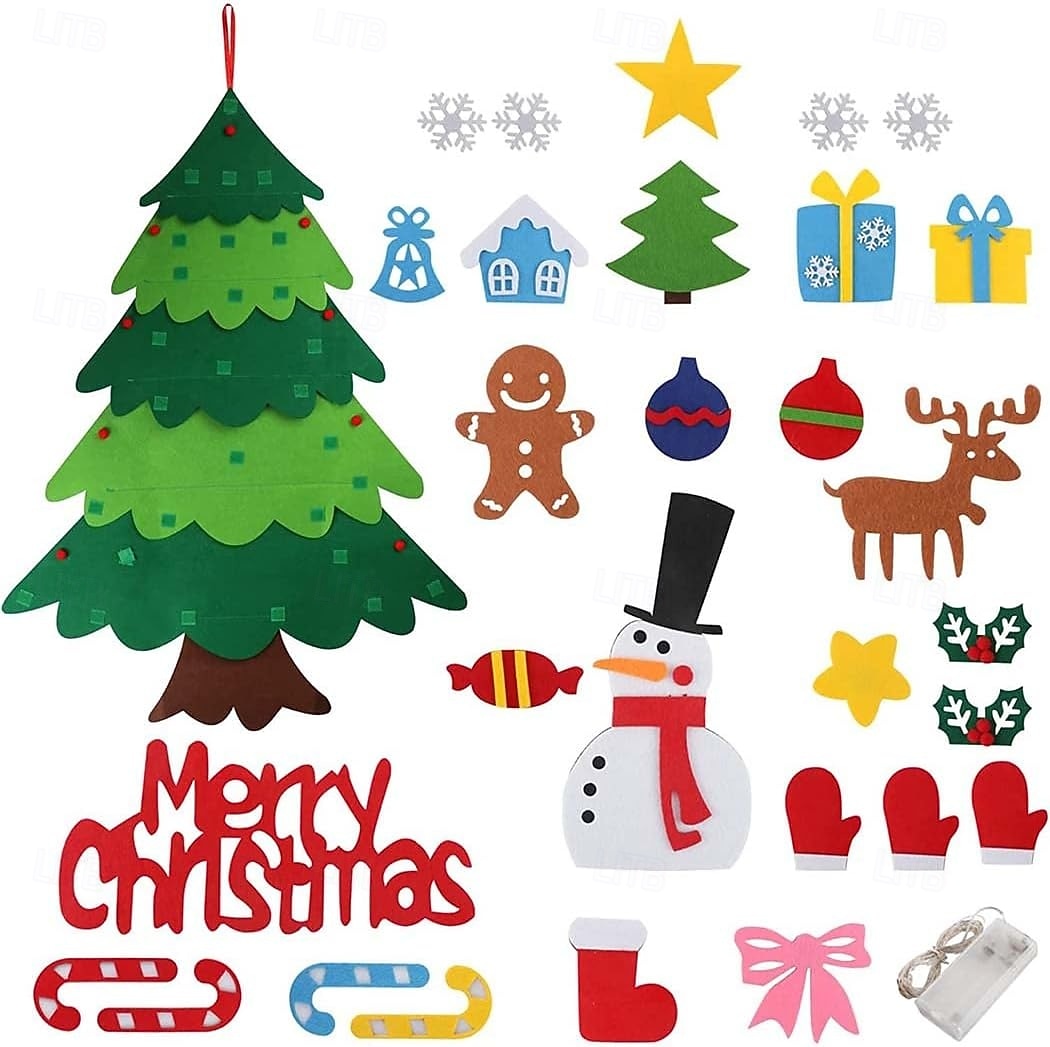 Felt Christmas Tree Set with Led String Light, 3.2ft Wall Hanging DIY Xmas Decorations Tree with Detachable Ornaments Snowman Christmas Decorations New Year Gift for Kids Boys and Girls Home 2025 - $17.99 –P8