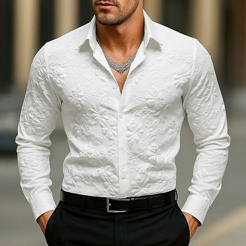 Homens Camisa Social Camisa casual camisa de botão Preto Branco Manga Longa Floral Tecido Lapela Férias Casual Jacquard Roupa Moda Chique & Moderno Casual Informal mas elegante de 2026 por $29.99 –P1