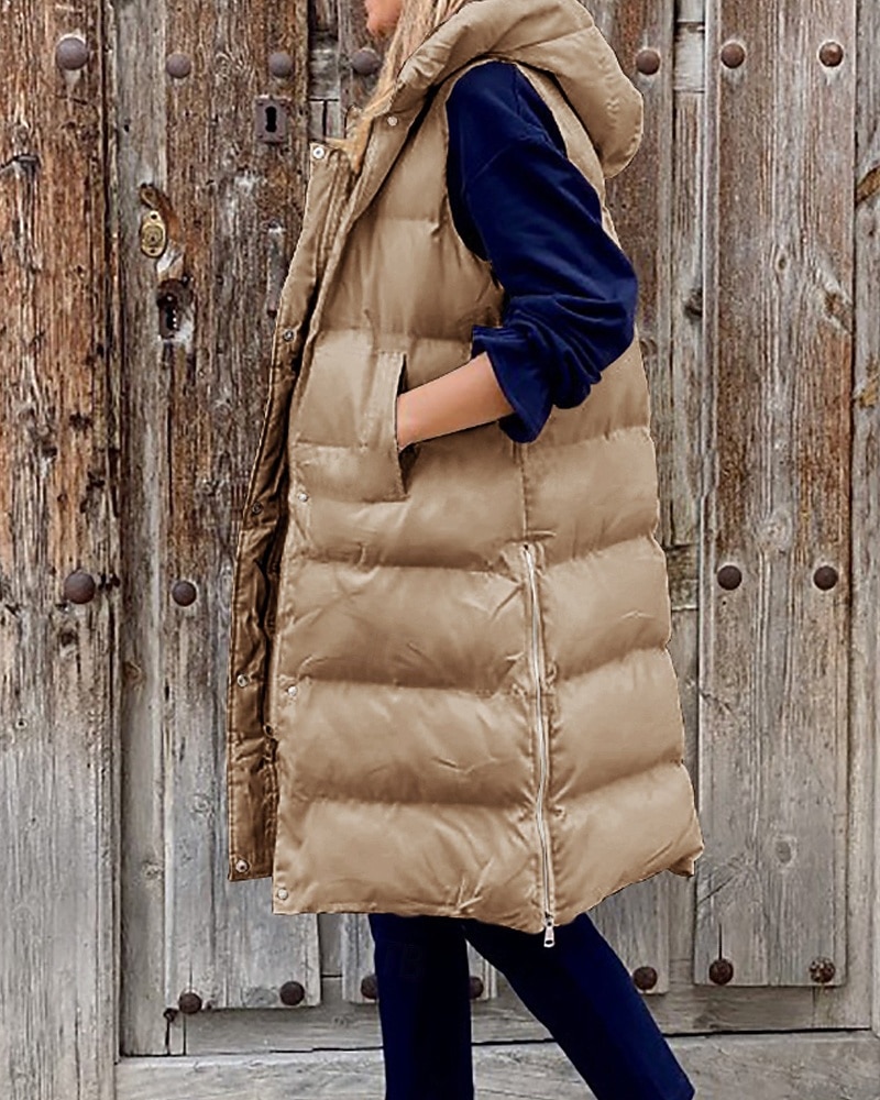Women's Winter Coat Down Jacket Vest Warm Comfortable Pocket Buttons Casual Plain Vacation Daily Wear Going out Weekend Long Hooded Regular Fit Sleeveless Outerwear Black Wine Khaki Fall Winter 2025 - $54.99 –P5
