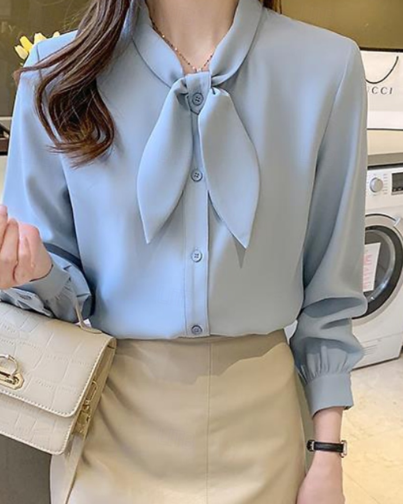 Damen Hemd Elegant Satin-Top Bluse Schleife Einfach Stilvoll Langarm Rundhalsausschnitt Normale Oberteile Ferien Ausgehen Blau Weiß Frühling Herbst 2026 - AU $50.19 –P6