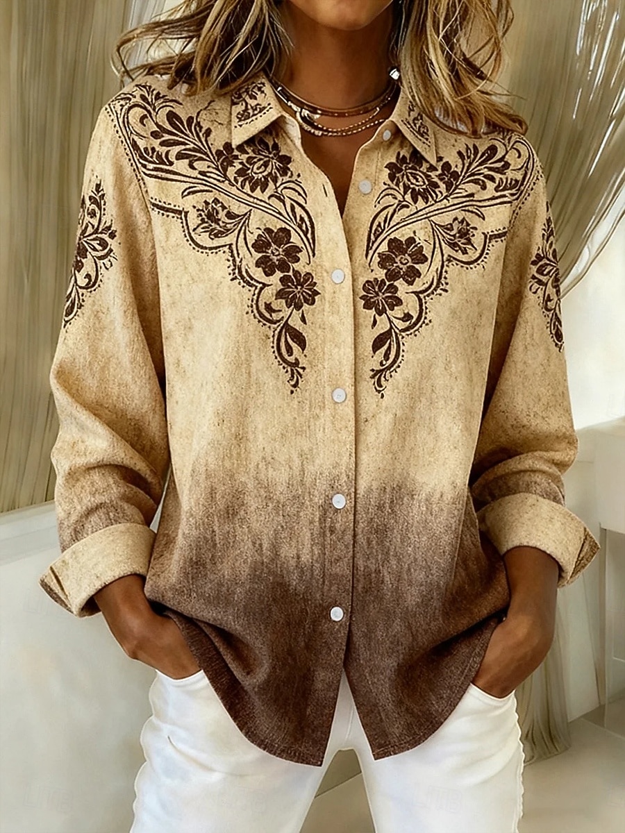 Damen Hemd Bluse Patchwork Knöpfe Druck Grafik Geometrisch Abstrakt Vintage Stilvoll Modern Langarm Hemdkragen Normale Oberteile Täglich Blau Braun Grün Khaki Herbst Winter 2026 - $32.99 –P1