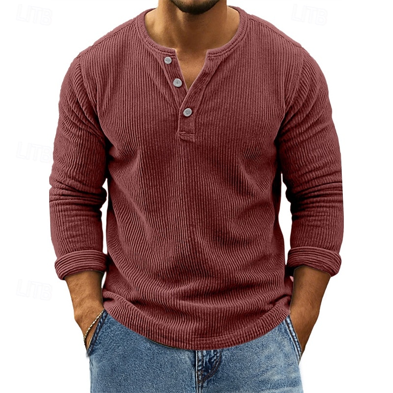 Herren T Shirt Cordhemd Henley Hemd T-Shirt Langarm Henley Frühling Herbst Einfach Mode Designer Basic Knöpfe Urlaub Straße Ausgehen Wein Top T-Shirt für Herren 2026 - $31.99 –P9