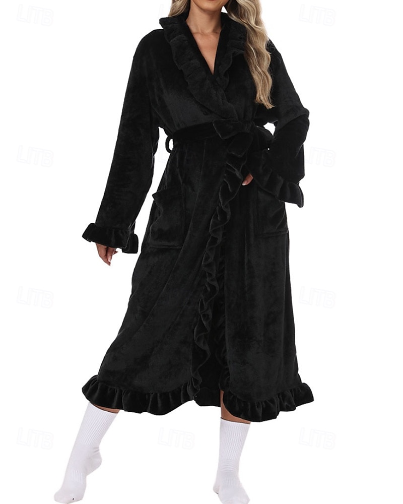 Women's Pajamas Robe Flannel Warm Fashion Pure Color Ruffle Pocket Home Daily Bed Long Sleeve Crew Neck Black White Pink Red Purple Fall Winter Regular Fit 2026 - E£3015.43 –P19