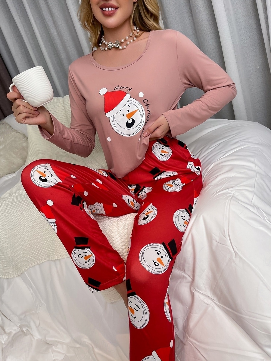 Conjunto de Pijamas de Natal Feminino com Boneco de Neve e Árvore de Natal Confortável Gráfico do Pai Natal Cintura Elástica Camiseta Calça Férias em Casa Manga Longa Gola Redonda Rosa Vinho Vermelho de 2025 por $23.99 –P6