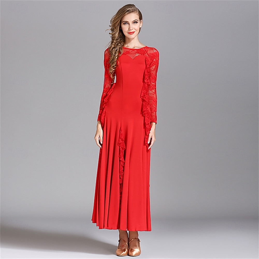 Abito da ballo da sala con dettagli in pizzo per donna - abito a trapezio a maniche lunghe con dettagli arricciati per competizioni, balli latini ed eventi di danza - azzurro del 2026 a $125.99 –P4