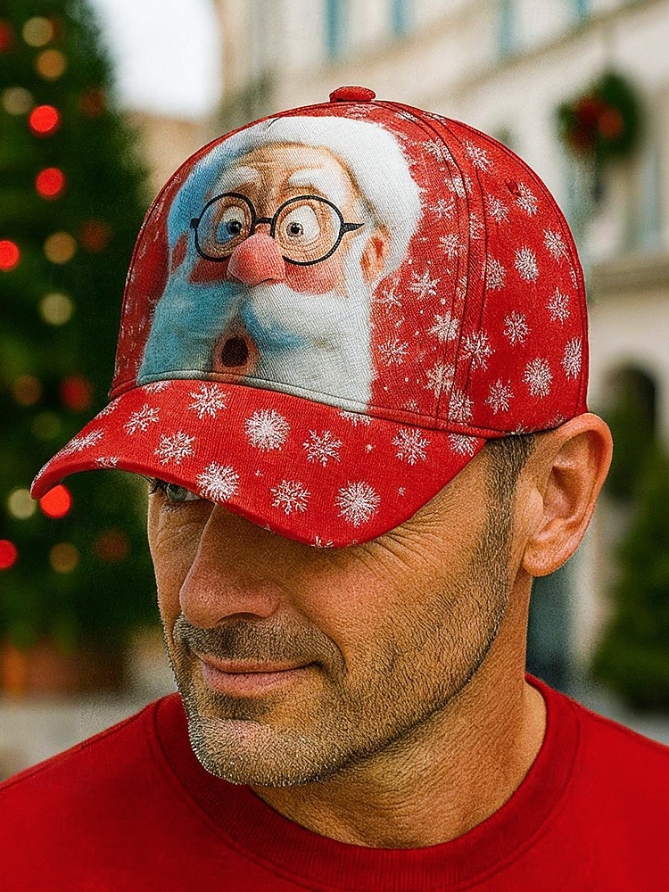 мужская бейсболка с рождественским принтом Санты, регулируемая красная шапка со снежинками, праздничный зимний аксессуар для праздничных вечеринок и ношения на открытом воздухе 2025 - $18.99 –P1