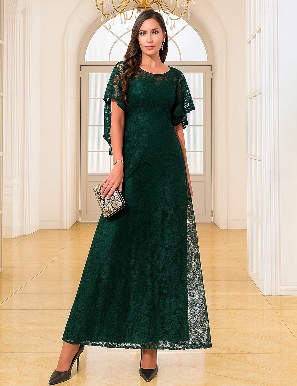 Ligne A Longueur au sol Robe de Cérémonie Robe de soirée Manche Courte Col ras du cou Élégant ancien Fête Dentelle Polyester Robe de Mère de Mariée  avec Dentelle de 2025 ? $74.99 –P1