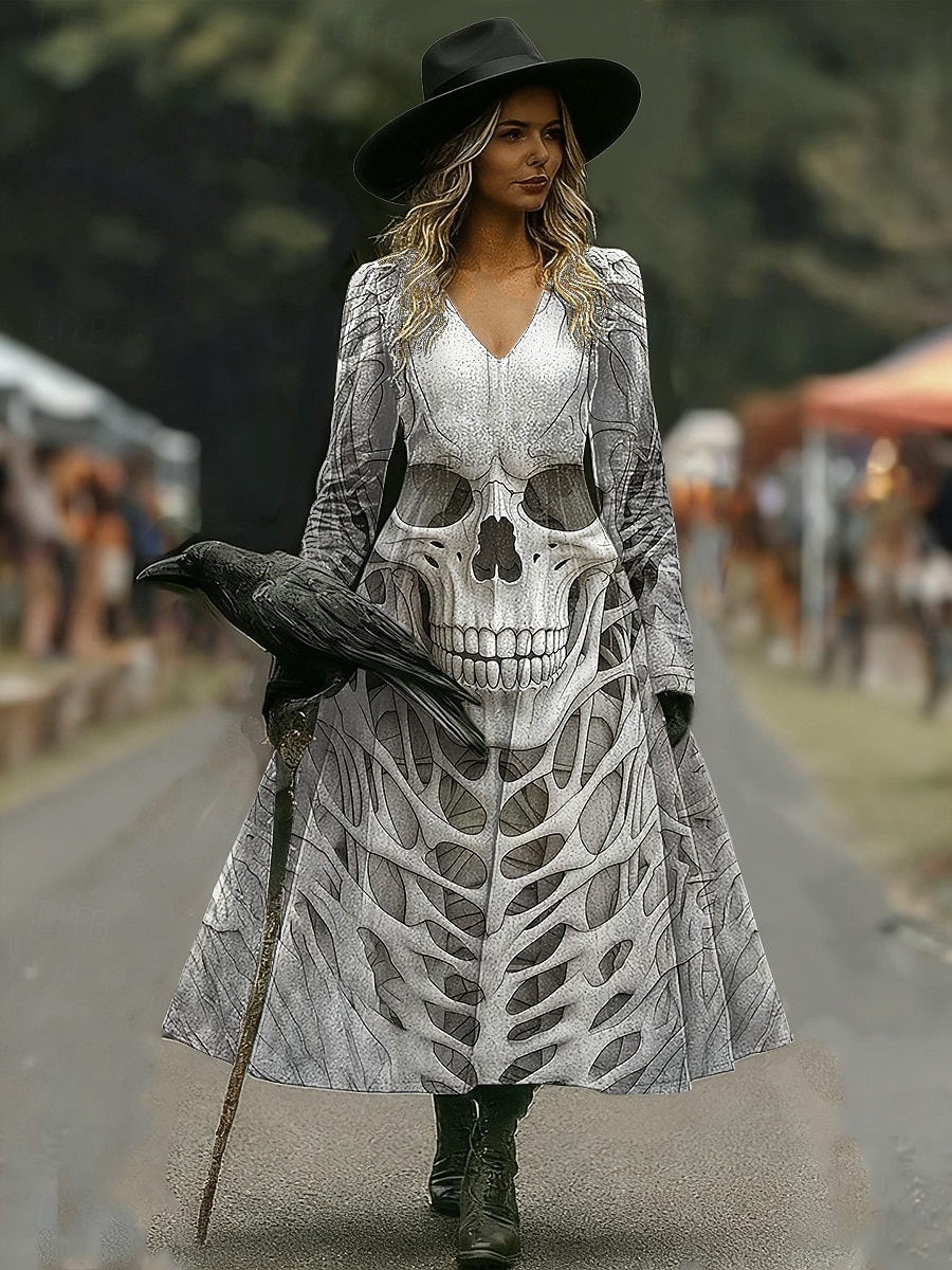 Sukienka midi z nadrukiem czaszek sukienka w kształcie litery A wakacje casual codzienna standardowa grafika czaszki długi rękaw dekolt w serek niebieski pomarańczowy szary jesień zima 2026 - $36.99 –P1