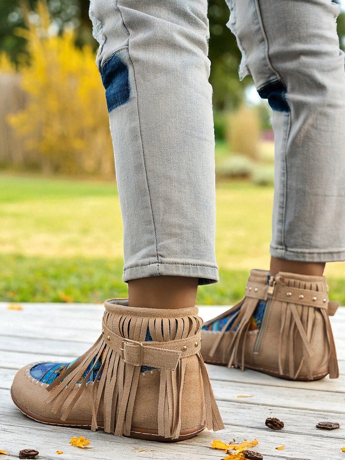 dames mocassinlaarzen met franjes en kleurrijke etnische print, casual enkellaarsjes voor herfstoutfits en festivals &dagelijks gebruik 2025 - $32.99 –P6