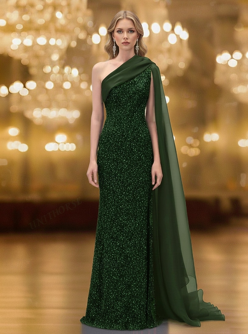 Mermaid Trumpet Sweep Brush Train Prom Dresses Evening Gown Ball Gown  Formal Dress Elegant Glittering Sparkle Sleeveless One Shoulder Wedding  Formal Organza Sequined with Glitter 2026 - $149.99