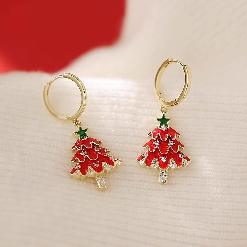 Pendientes festivos de árbol de Navidad rojo con brillantes diamantes de imitación y estrella verde. 2026 - $11.99 –P4