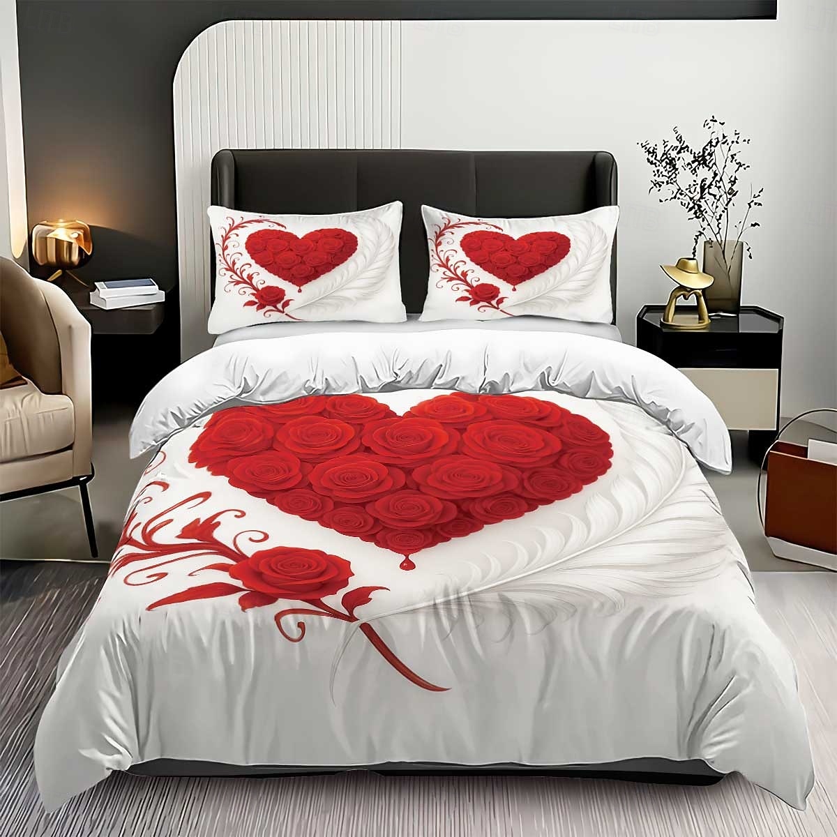 Heart Rose Print 3-Piece Down Duvet Cover Set for Large Bed, Soft Short Fluffy Comforter Cover with 2 Pillowcases – Hotel & Guest Room Bedding, Cozy & Comfortable 2026 - $37.99 –P5