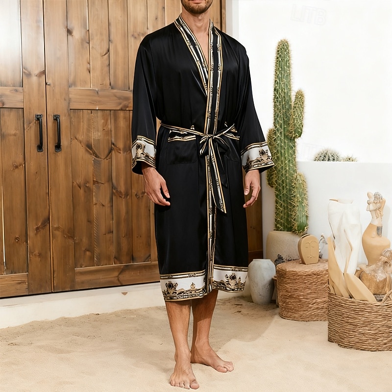 Homme Pyjamas Robe en soie Vêtements de Nuit Robe de bain Impressions Graphiques Mode Élégant Classique Maison Quotidien Lit Polyester Confort Doux Col en V manche longue Ceinture Incluse Printemps de 2026 ? $59.99 –P4
