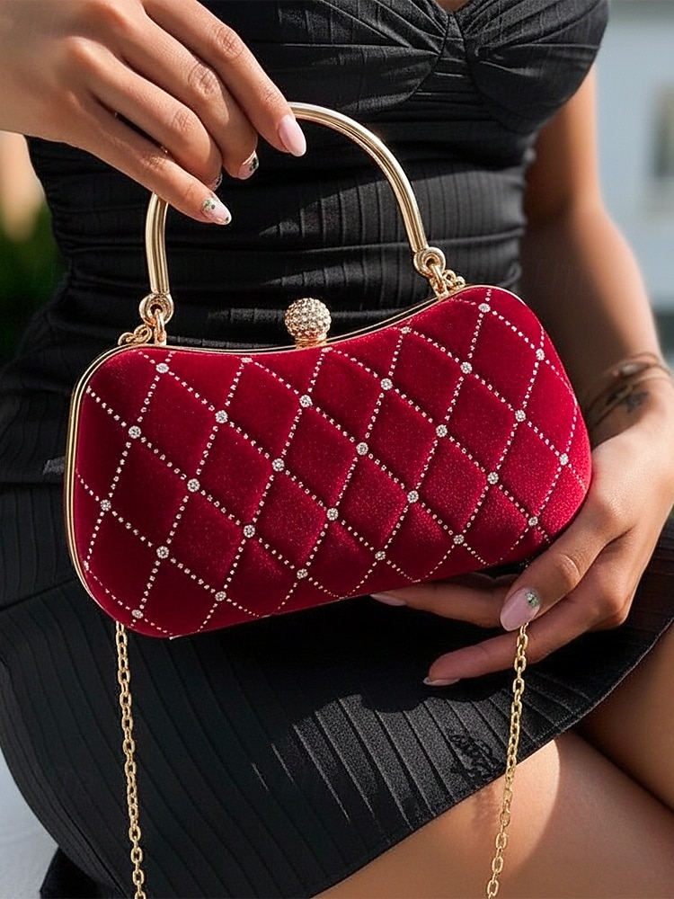 Damska aksamitna pikowana wieczorowa torebka z diamentowymi akcentami – elegancka torebka na ramię na świąteczne przyjęcia, spotkania i specjalne okazje 2026 - $19.99 –P1