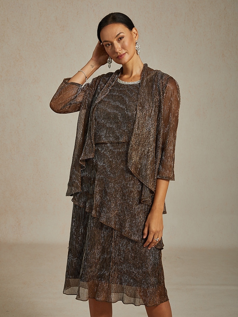 Dame Midikjole Skiftkjole Plissert kjole Grime kjole Elegant Fest Formelt Fest Bryllupsgjest Cocktailfest Normal Helfarge Ermeløs Crew-hals Brun Sommer Vår Høst Vinter 2025 - $141.99 –P15