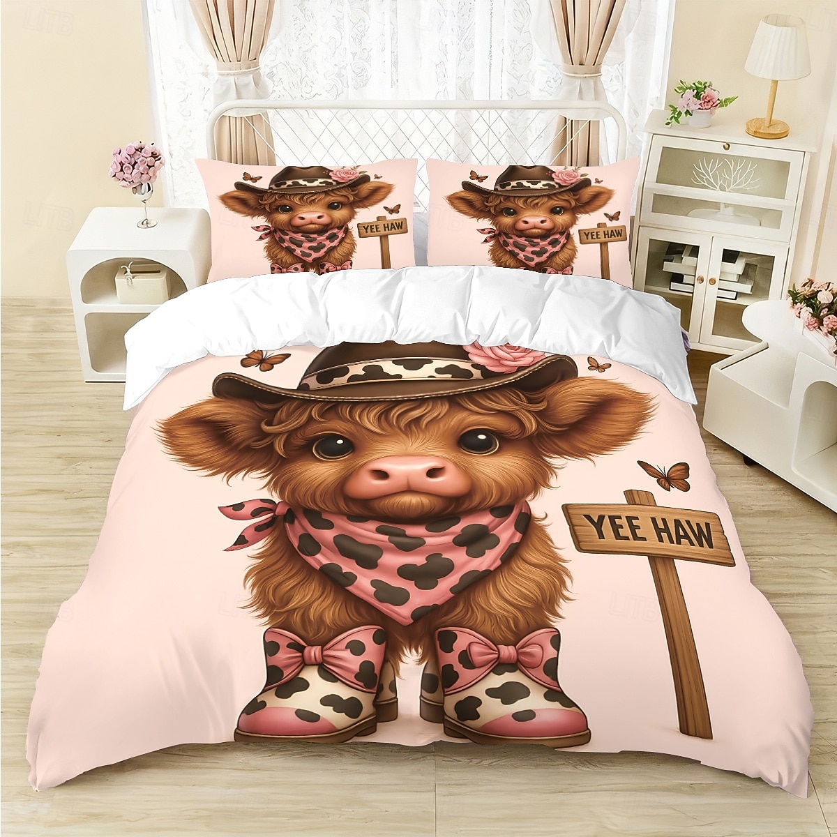 Conjunto de capa de edredom de 3 peças com estampa de vaca das terras altas e flores fofas para cama grande, capa de edredom curta e macia com 2 fronhas – roupa de cama para quarto de hotel, de 2025 por $33.99 –P4