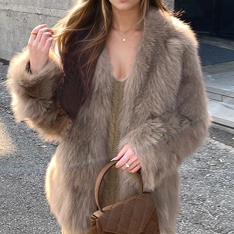 Dame Vinterfrakk Fuskepels Hold Varm Bekvem Pels og lær Aktiv Mote عادي utendørs Feriereise Avslappet Ut på byen Normal V-hals Normal Langermet Yttertøy Svart Mørkegrå Aprikos Høst Vinter 2025 - $56.99 –P1