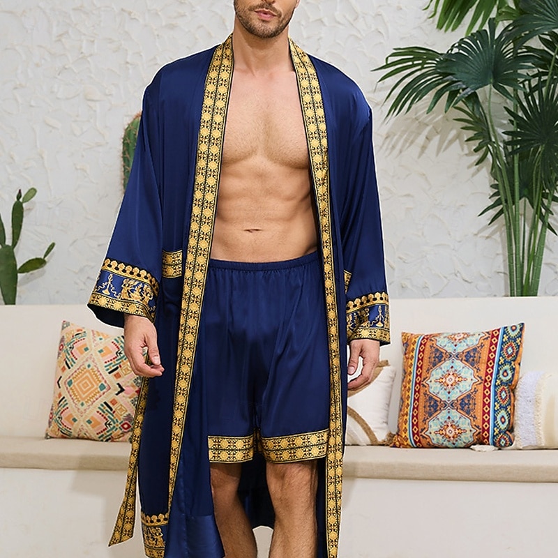 Homme Pyjamas Robe en soie Vêtements de Nuit Robe de bain Impressions Graphiques Mode Élégant Classique Maison Quotidien Lit Polyester Confort Doux Col en V manche longue Ceinture Incluse Printemps de 2026 ? $59.99 –P5