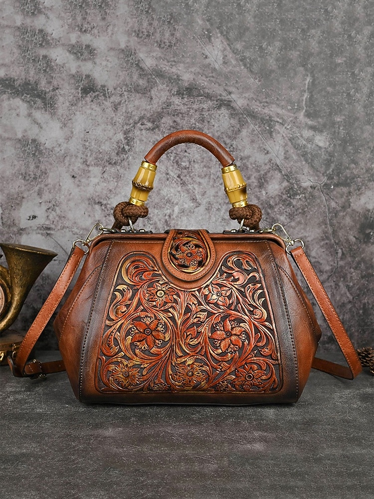 női műbőr kézitáska, vintage dombornyomott válltáska bambusz fogantyúval, elegáns keresztpántos táska hölgyek partijára, munkába és mindennapi használatra 2025 - $64.99 –P4