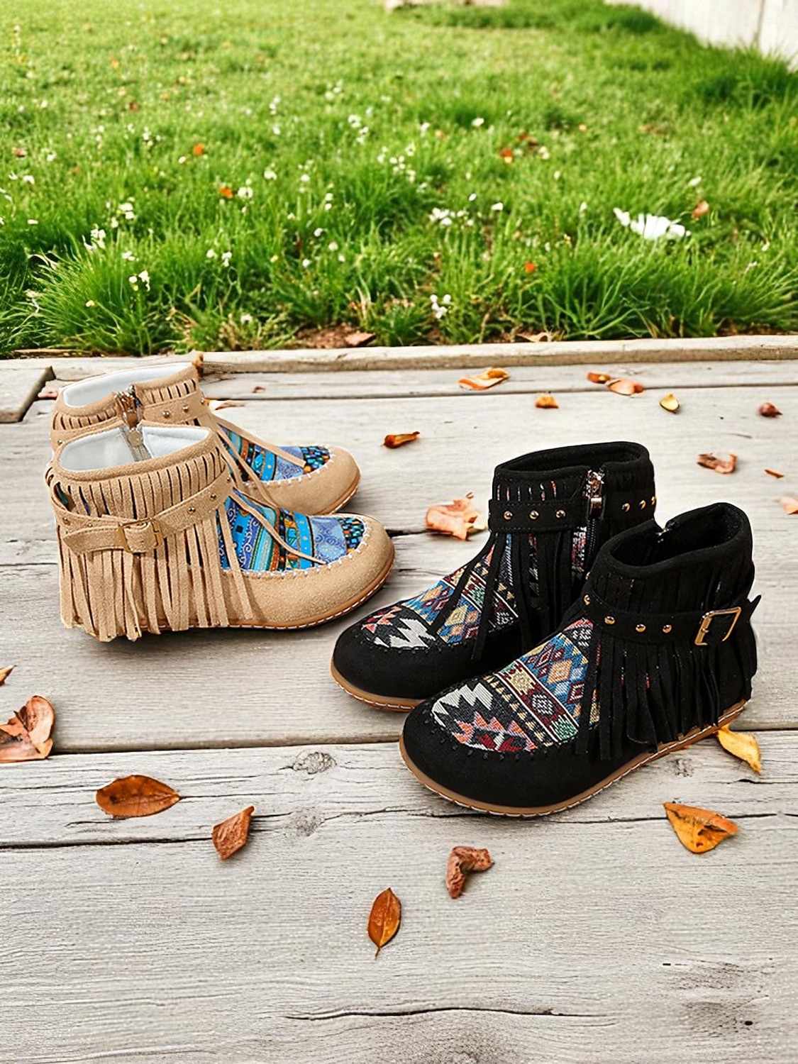 dames mocassinlaarzen met franjes en kleurrijke etnische print, casual enkellaarsjes voor herfstoutfits en festivals &dagelijks gebruik 2025 - $32.99 –P8