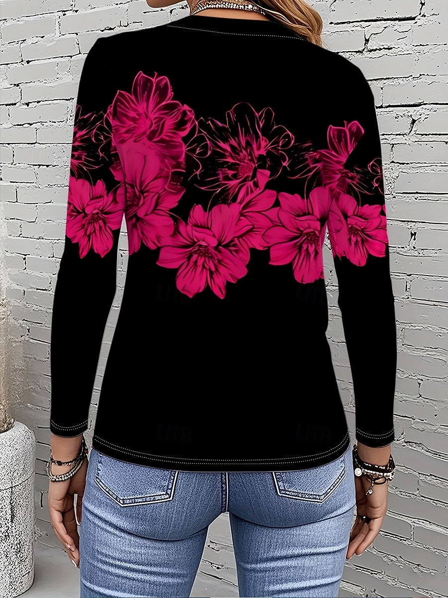 Femmes T-shirt Imprimé Fleuri Graphique Plantes ancien Mode Élégant manche longue Col ras du cou Col rond Hauts Réguliers Quotidien Week-end Rose Automne Hiver de 2026 ? $24.99 –P2