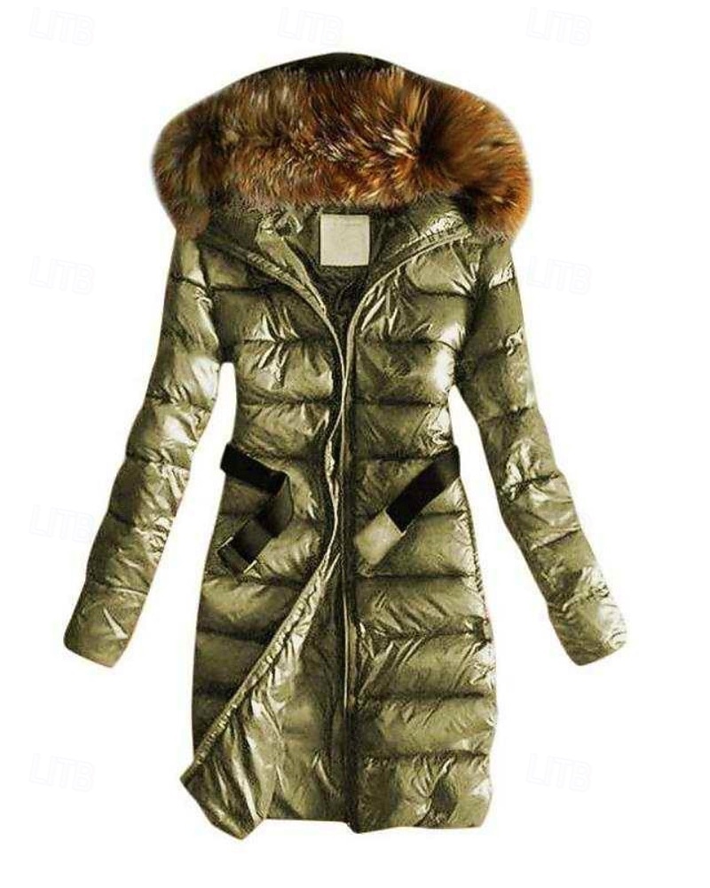Women's Winter Coat Down Jacket Hoodie Jacket Warm Comfortable Zipper Pocket Fur Collar Casual Plain Vacation Daily Wear Going out Weekend Long Hooded Regular Fit Long Sleeve Outerwear Black Blue 2026 - $74.99 –P2