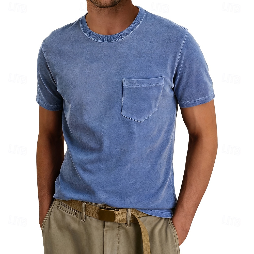 Herr T-shirt Tvätta skjorta i 100 % bomull Kortärmad Rund hals Sommar Vår Alla årstider Ensfärgat Elegant Vintage Neutral Ficka Crewneck Urblekt Ledigt Hem Utomhus Ljusblå Aprikos Svart Topp t-shirt 2026 - $20.99 –P3