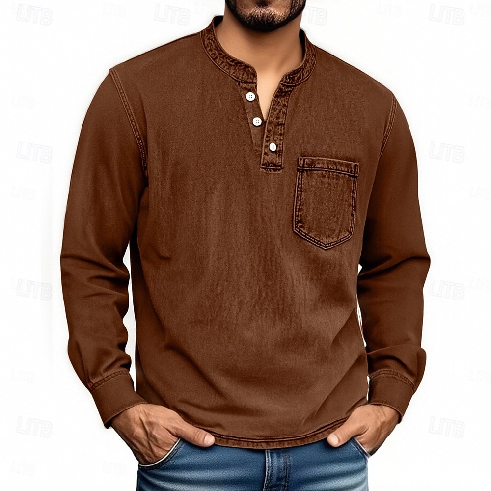 Herren Henley Hemd T-Shirt Langarmshirt Langarm Henley Herbst Winter Retro Mode Designer Nostalgisch Mode Jahrgang Urlaub Straße Ausgehen Schwarz Rosa Marineblau Top T-Shirt für Herren 2025 - $28.99 –P12