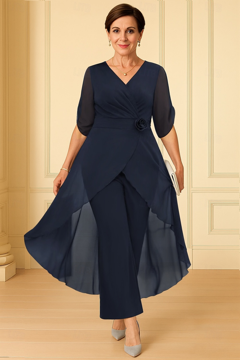 Mono Asimétrica Vestido de Madrina Media Manga Escote en Pico Elegante Sencillo Invitado a la boda Noche formal Gasa Tejido elástico con Flor Un Color 2026 - $160.99 –P1