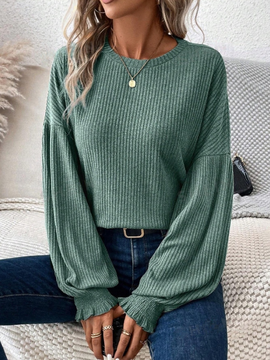 Per donna Blusa Arricciato Tinta unica Elegante Casual Manica Lunga Girocollo Top Regolari Quotidiano Nero Verde militare Marrone Verde Cachi Primavera Autunno Inverno del 2026 a $25.99 –P1