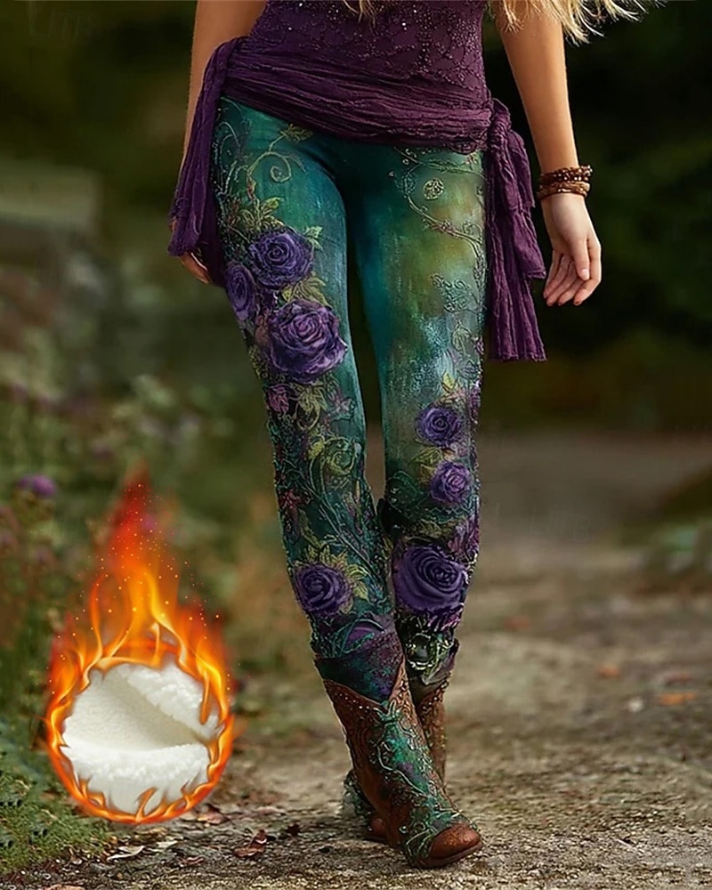 Damen Leggings Gemütliche Leggings Vintage Mode Streetwear Volle Länge Hohe TaillePantsWeihnachten Blumen Grafik Drucken Fleece Thermowarm Bequem Dehnbar Outdoor Alltagstauglich Blau Herbst Winter 2026 - $36.99 –P1