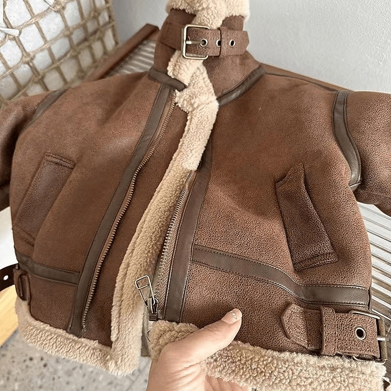 Kids Girls' Faux Suede Jacket Black Leather Jacket Fleece Jacket Jacket Solid Color Fashion Zipper Pocket Keep Warm Windproof Outdoor Coat Outerwear 4-12 Years Fall Coffee 2025 - $41.99 –P4