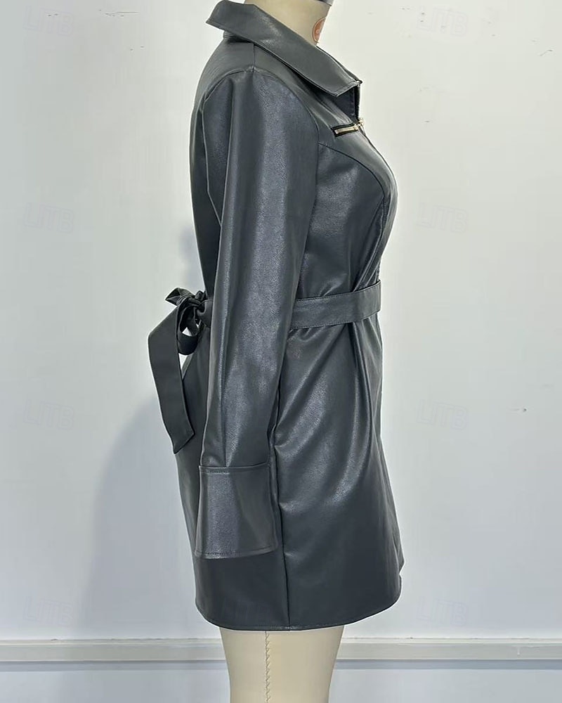 Women's Mini Dress Sheath Dress Leather Dress Fashion Modern Daily Vacation Going out Regular Fit Plain Long Sleeve Shirt Collar Grey Spring Fall Winter 2026 - $51.99 –P4