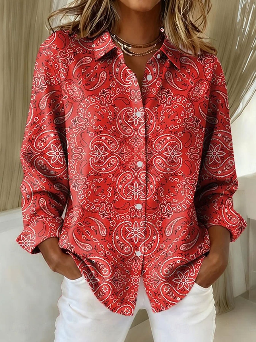 Women's Shirt Blouse Print Paisley Elegant Stylish Modern Long Sleeve Shirt Collar Regular Tops Work Pink Red Green Summer Spring Fall Winter 2026 - $41.99 –P2