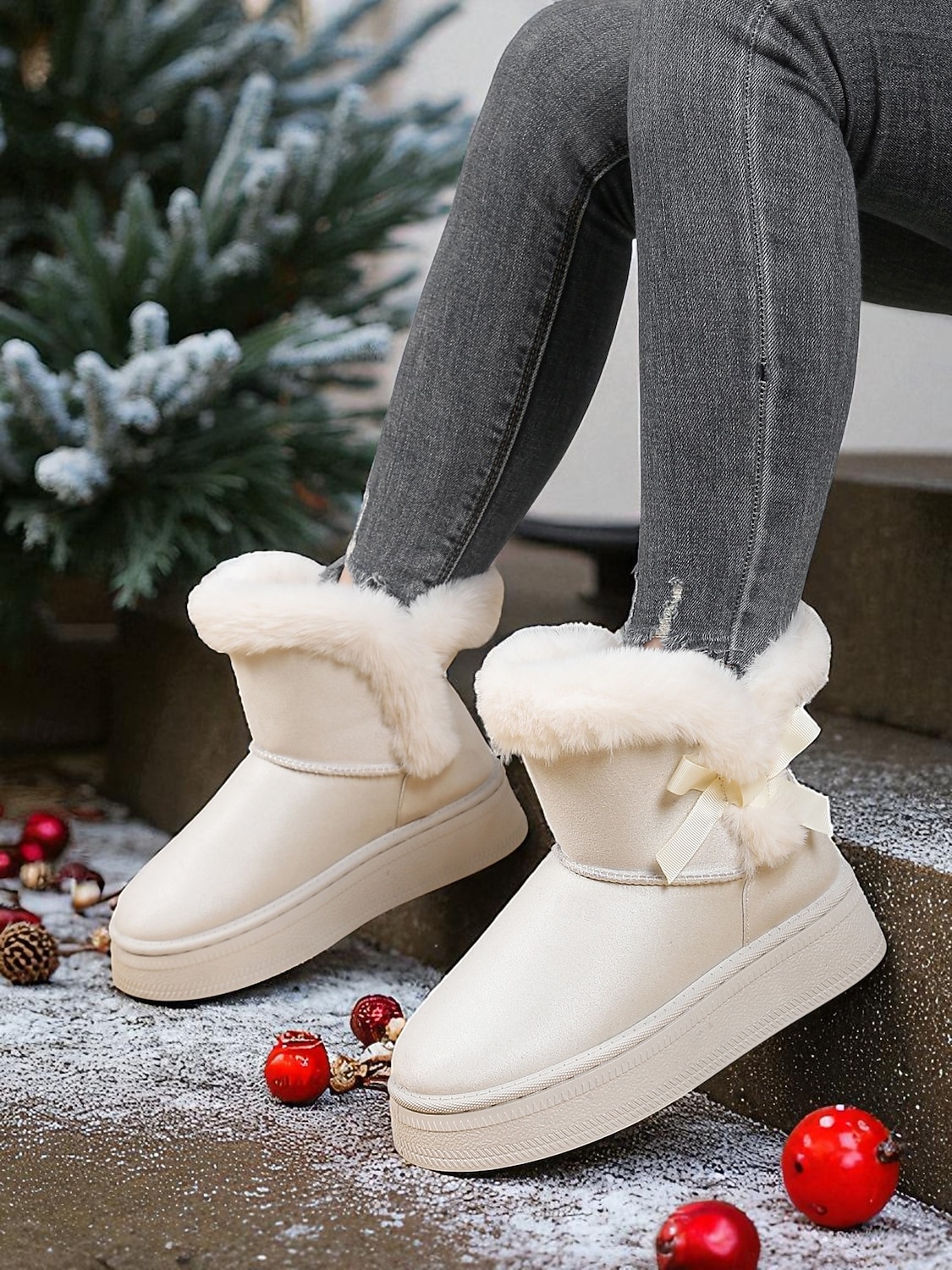 Women's White Fur-Trimmed Slip-On Winter Boots with Bow Detail, Stylish Cozy Snow Boots for Cold Weather and Holiday Wear 2025 - $29.99 –P2