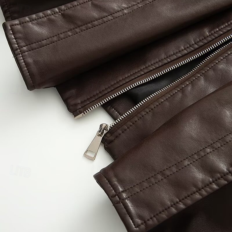 Dam Imitationsläderjacka Bekväm Dragkedja Modern Ledigt Slät Semester Ledigt Utekväll Helgen Normal Hög krage Normal Långärmad Ytterkläder Svart Brun Höst Vinter 2025 - $71.99 –P8