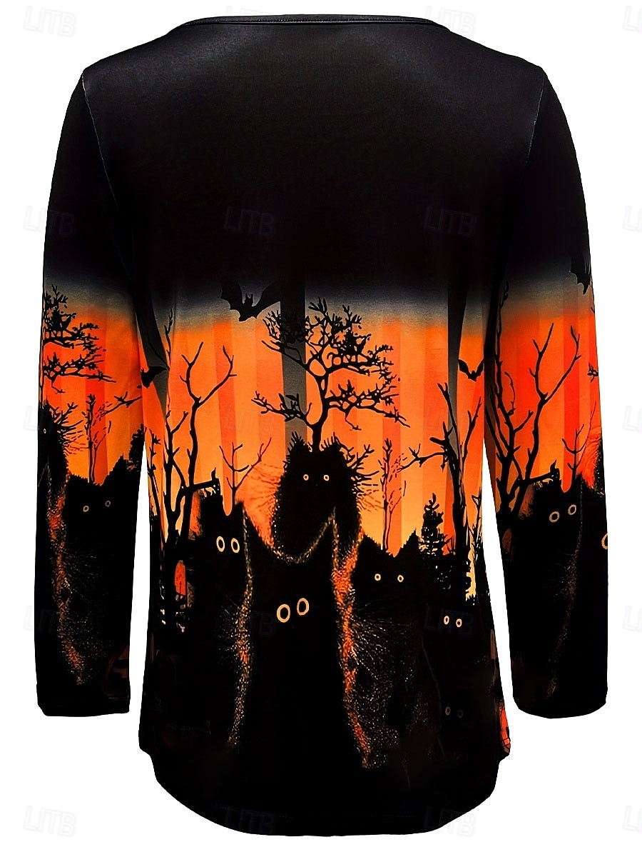 Women's T shirt Pumpkin Graphic Cat Vintage Stylish Classic Long Sleeve Crew Neck Regular Tops Daily Print Orange Spring Fall Winter 2025 - $22.99 –P6