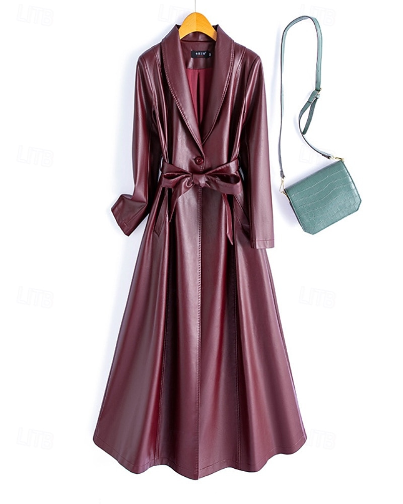 Dam Imitationsläderjacka Trenchcoat Håller värmen Bekväm knyt fram Ficka Knappar Mode Slät Semester Gata Utekväll Helgen Lång Nedvikt Normal Långärmad Ytterkläder Svart Vin Rubinrött Höst Vinter 2025 - $109.99 –P4
