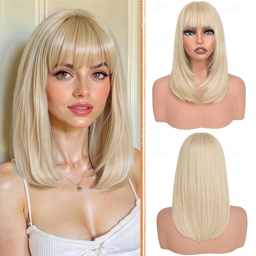 Парики из светлых волос боб с челкой, длиной до плеч, прямые, естественно выглядящие, синтетические, термостойкие, средние, для женщин, на каждый день, для вечеринок, 16 дюймов, платиновый блонд 2026 - $21.99 –P1